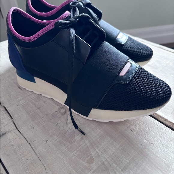 Balenciaga Race Runner - Black, Pink & Blue Slip On Sneakers - Picture 4 of 11